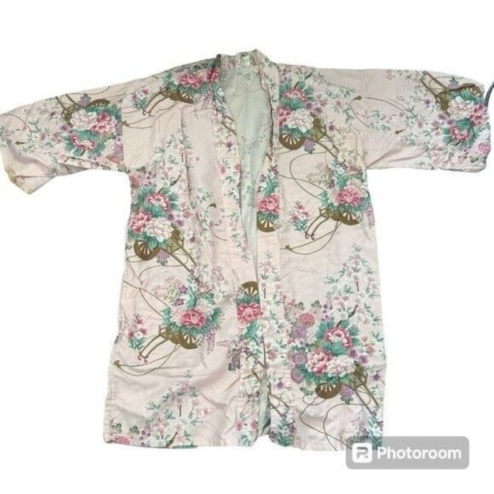 Vintage Courtney & Co Intimate Pink Floral Japanese Cotton Kimono Robe